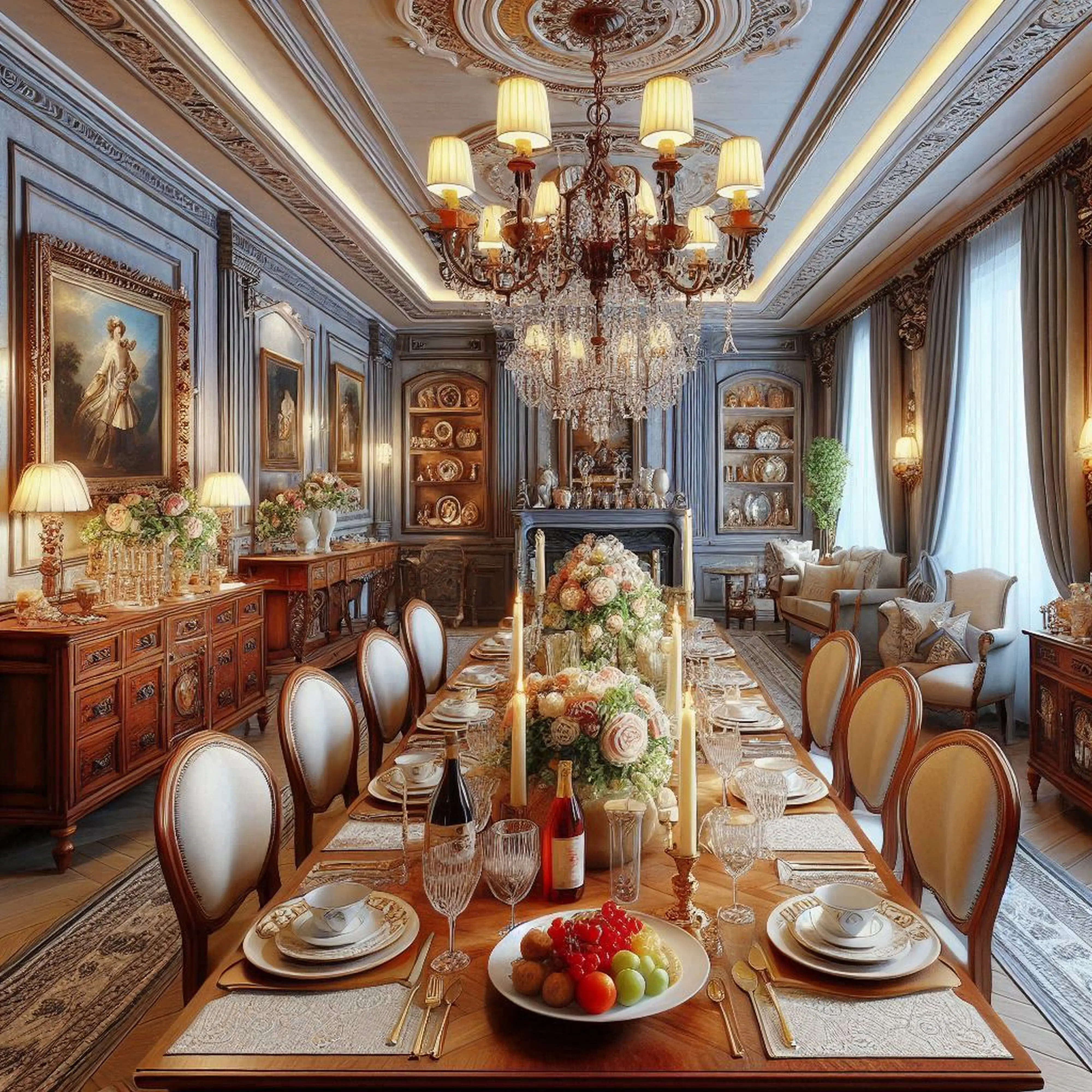 Ein Esszimmer mit Kamin und einem Kronleuchter, über dem ein weiterer Kronleuchter hängt.