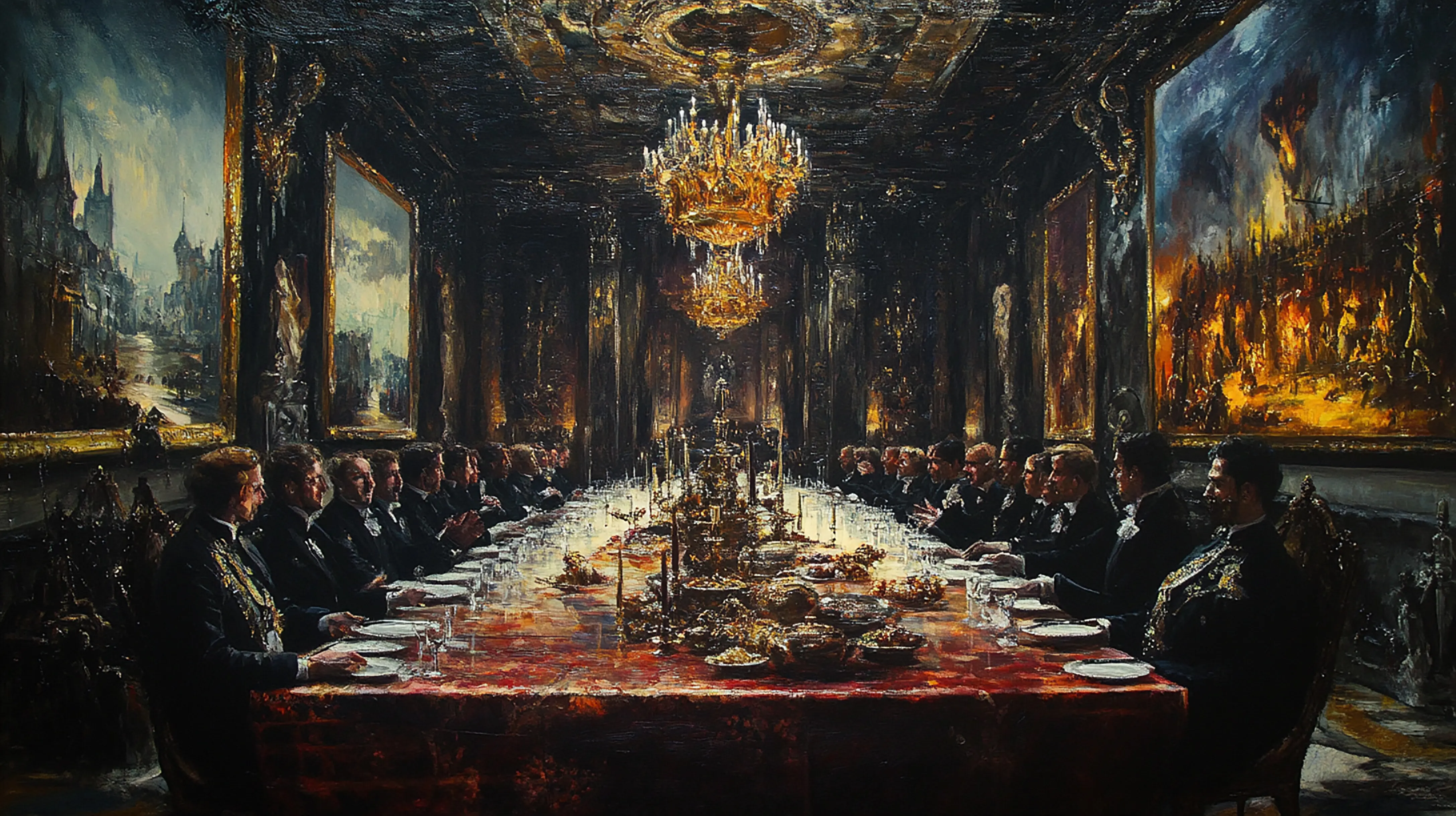 Ölgemälde eines großen, prächtigen Esstisches mit einem extravaganten Festmahl in opulentem Ambiente.