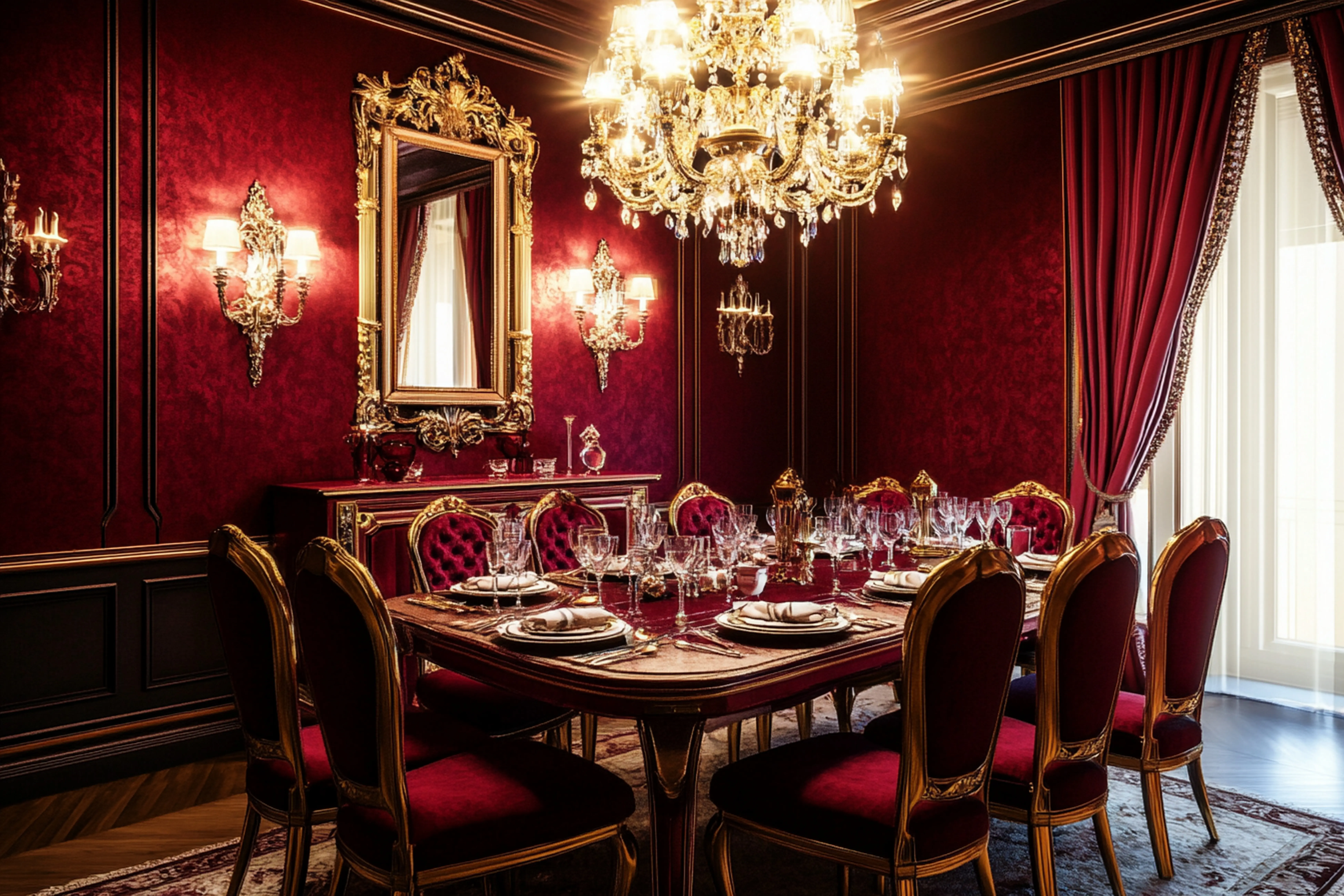 Ein Esszimmer mit einem rot-goldenen Tisch und rot-goldenen Stühlen.