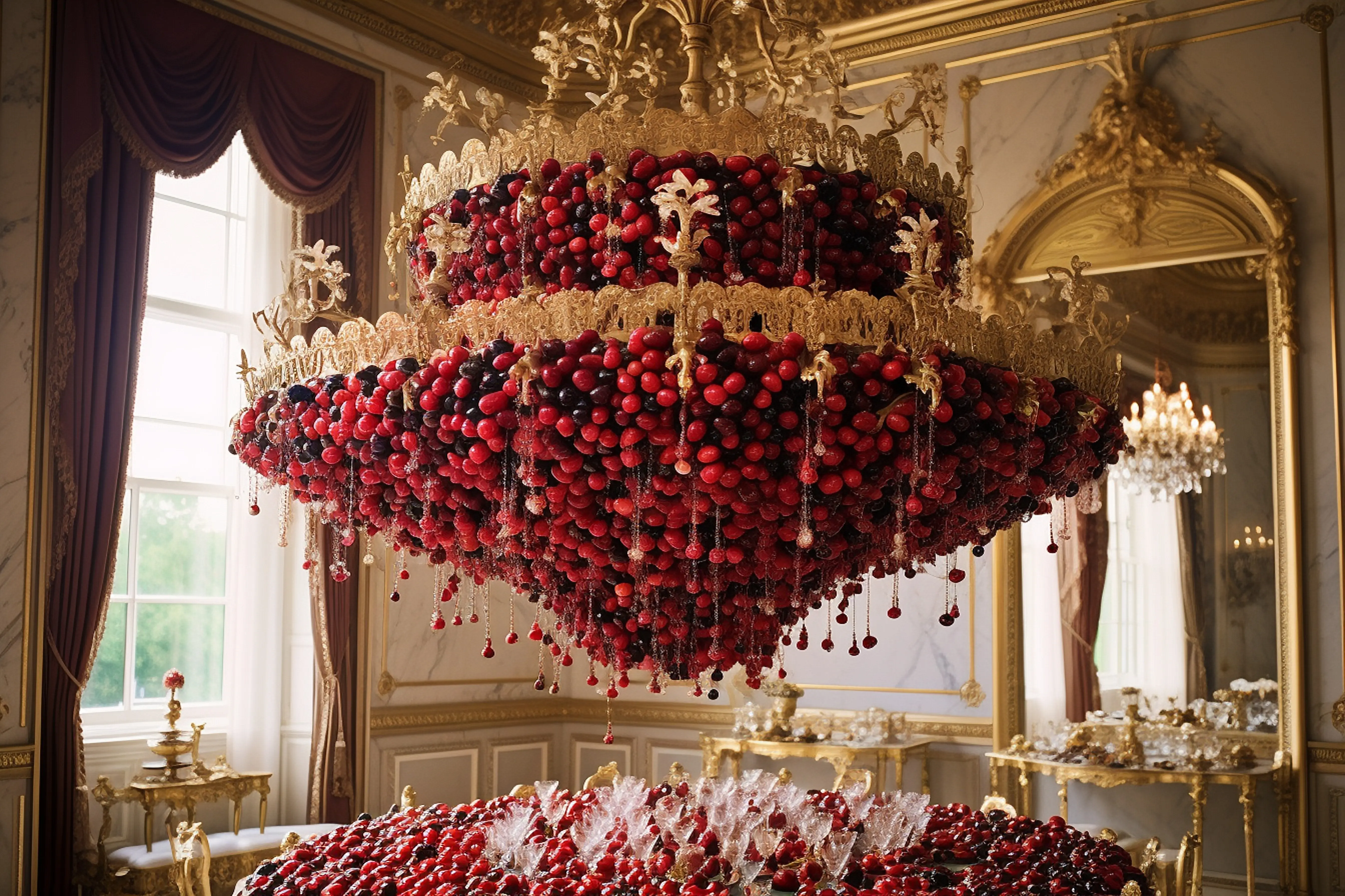 Hochzeitsdekoration zum Thema Kirschen, etwa Tischgestecke oder Sträuße.