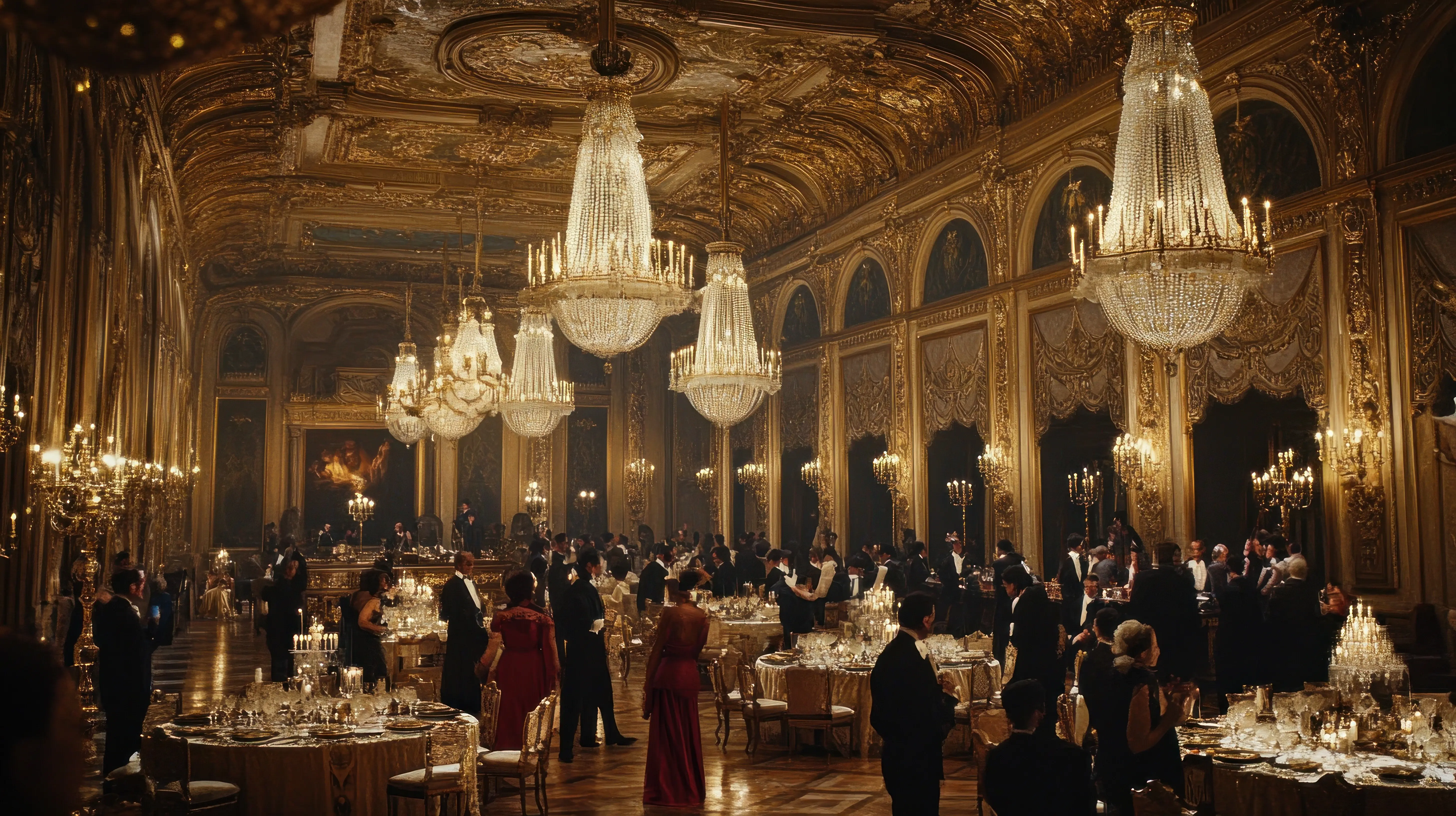 Ein prächtiger Ballsaal mit kunstvoll verzierten Kronleuchtern, Gäste kommen miteinander ins Gespräch, und die Tische sind für ein formelles Abendessen gedeckt.