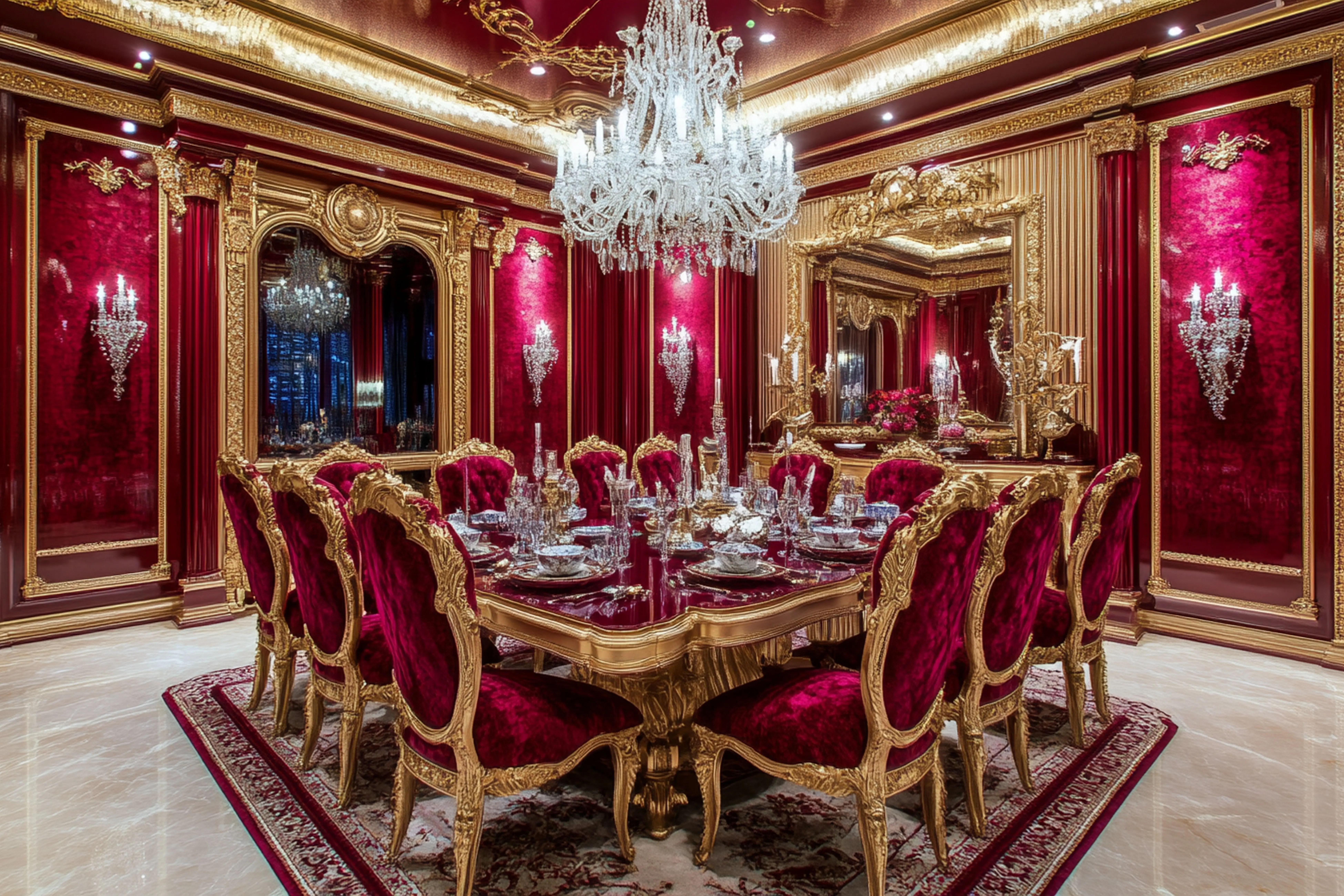 Ein luxuriöses Esszimmer mit auffälligen roten Wänden und einem großartigen Ai-Foto.